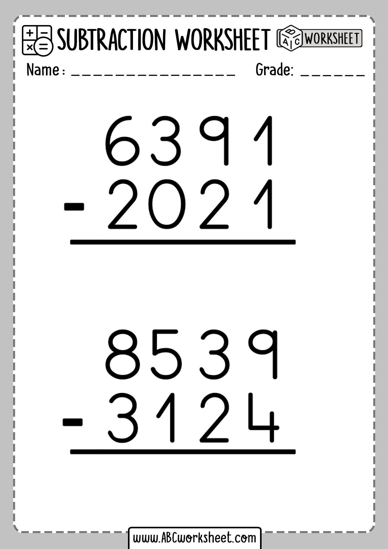 Subtraction Worksheets - ABC Worksheet